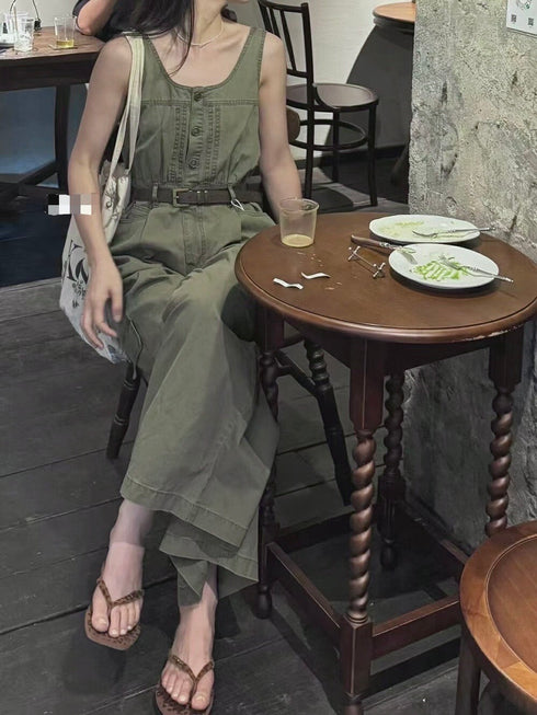 Wide Neck Sleeveless Belted Loose-wear Jumpsuit